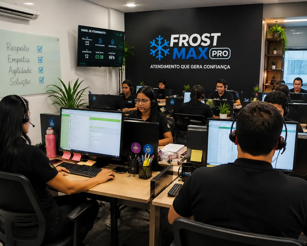 Equipe do setor de atendimento Frost Max Pro trabalhando na central de suporte